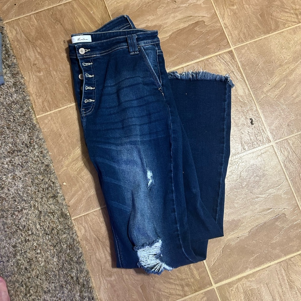 KanCan Dark Button Up Distressed Flared Jeans